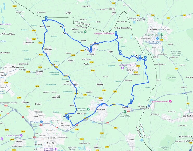 Een Google maps kaart van de route langs Twentse streekproducten